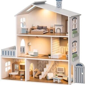 NEW Nordic Style Wooden Dollhouse w 6 Rooms, 29-Pcs - May Require Extra Shipping